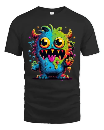 Cute Monster Face Tee Funny Colorful Alien Graphic T-Shirt - black t-shirt on white background