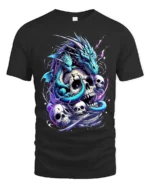 Epic Gothic Dragon T-Shirt Skulls Serpent Design Tee - black t-shirt on white background