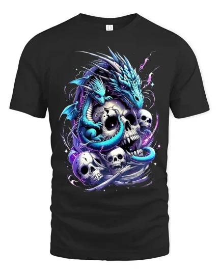 Epic Gothic Dragon T-Shirt Skulls Serpent Design Tee - black t-shirt on white background