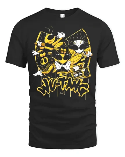 Wu-Twg Inspired T-Shirt Cool Bees and Boombox Graphic Tee - black t-shirt on white background