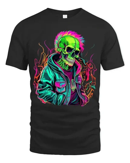 Psychedelic Skull in Jacket Tee Bold Urban Style T-Shirt - black t-shirt on white background
