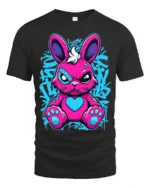 Edgy Pink Rabbit Tee with Heart and Graffiti Style Print - black t-shirt on white background