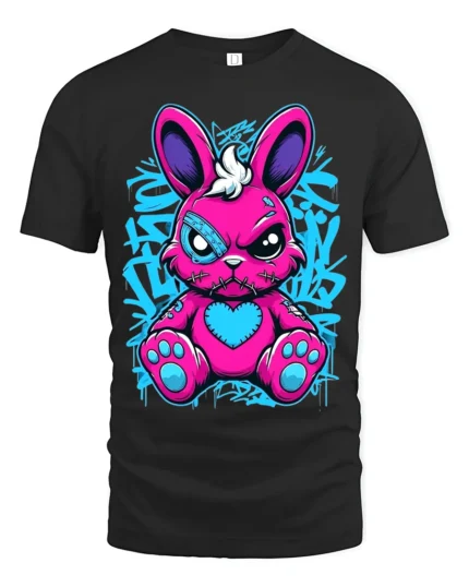 Edgy Pink Rabbit Tee with Heart and Graffiti Style Print - black t-shirt on white background