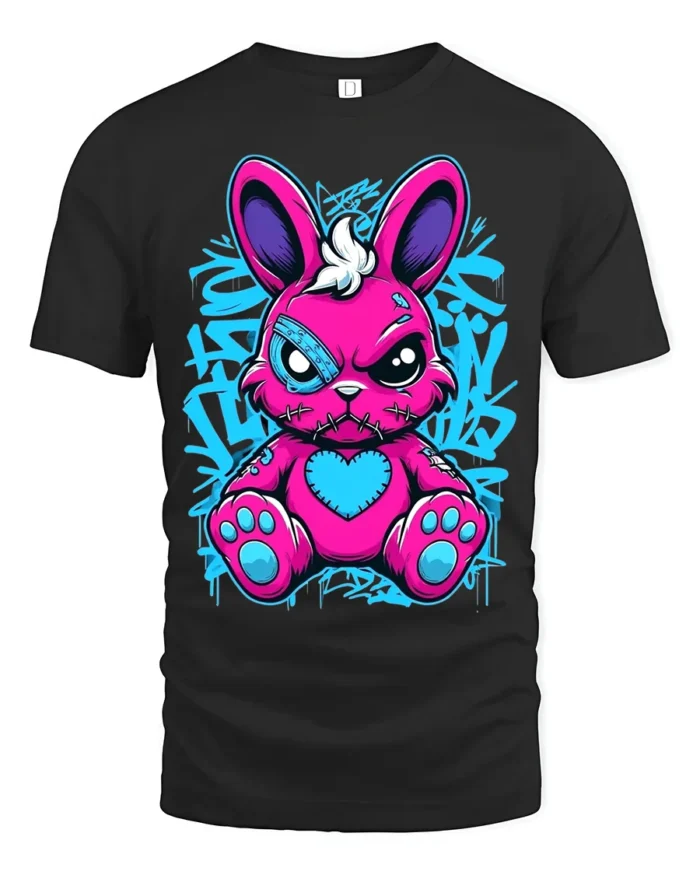 Edgy Pink Rabbit Tee with Heart and Graffiti Style Print - black t-shirt on white background