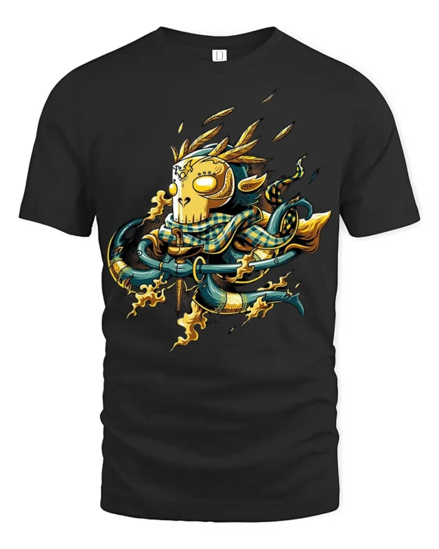Bold Samurai Mask Tee with Fire and Katana Artwork Print - black t-shirt on white background