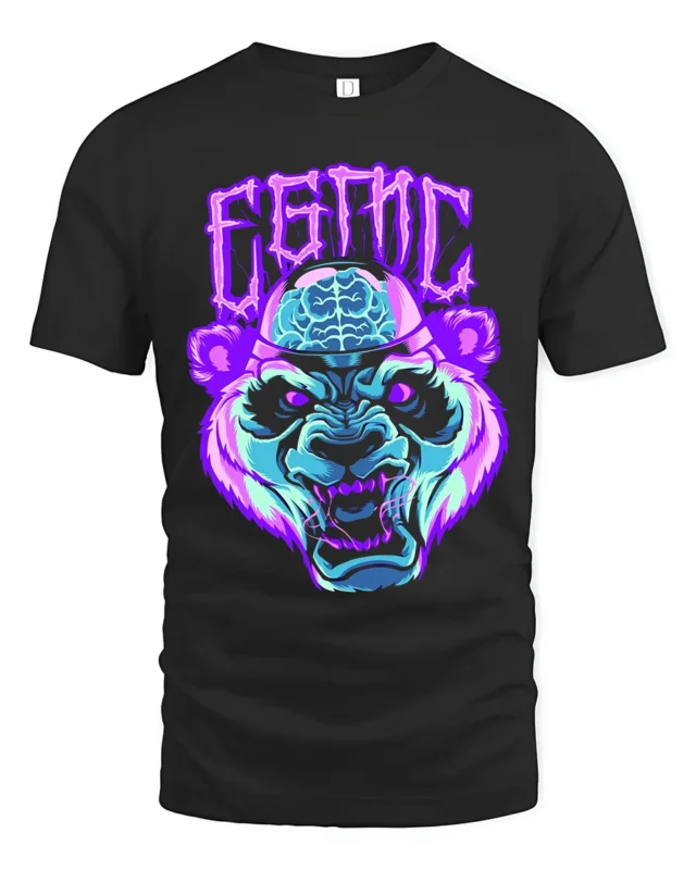 Neon Cyber Panda T-Shirt Glowing Brain Graphic Tee - black t-shirt on white background