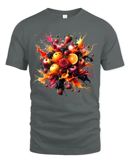 Fruit Splash Tee Colorful Berry Citrus Explosion T-Shirt - gray t-shirt on white background