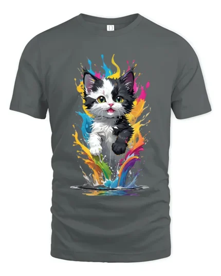 Rainbow Cat T-Shirt Vibrant Kitten Art Design Tee - gray t-shirt on white background