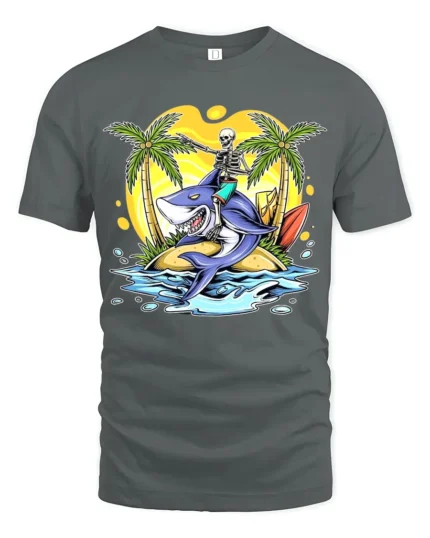 Tropical Skull Shark Tee Humorous Summer Vacation - gray t-shirt on white background