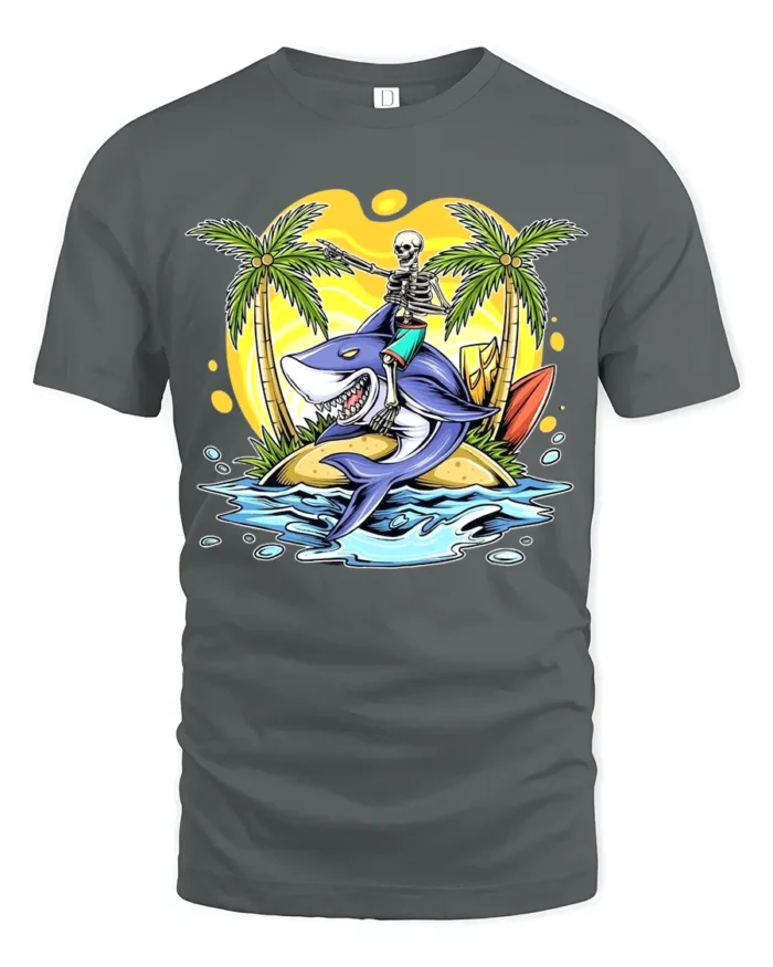 Tropical Skull Shark Tee Humorous Summer Vacation - gray t-shirt on white background