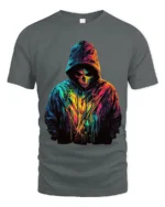 Neon Skull Hoodie T-Shirt Colorful Grim Reaper Tee - gray t-shirt on white background