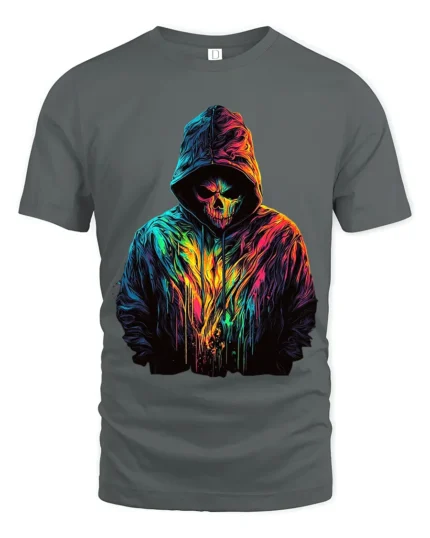 Neon Skull Hoodie T-Shirt Colorful Grim Reaper Tee - gray t-shirt on white background