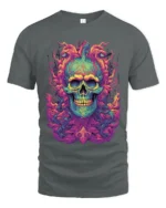 Electric Skull Tee Colorful Skull Face Graphic Tee Now - gray t-shirt on white background