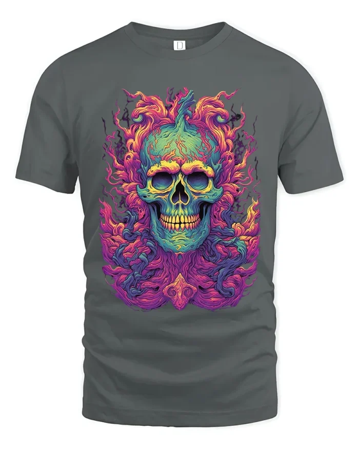 Electric Skull Tee Colorful Skull Face Graphic Tee Now - gray t-shirt on white background