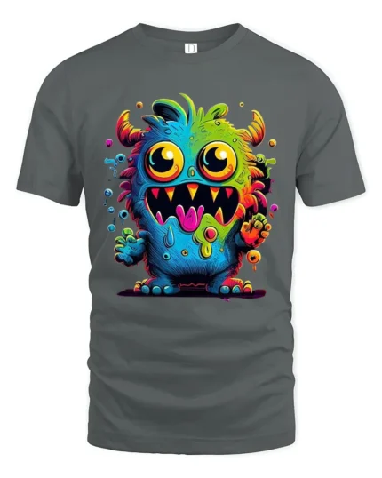 Cute Monster Face Tee Funny Colorful Alien Graphic T-Shirt - gray t-shirt on white background