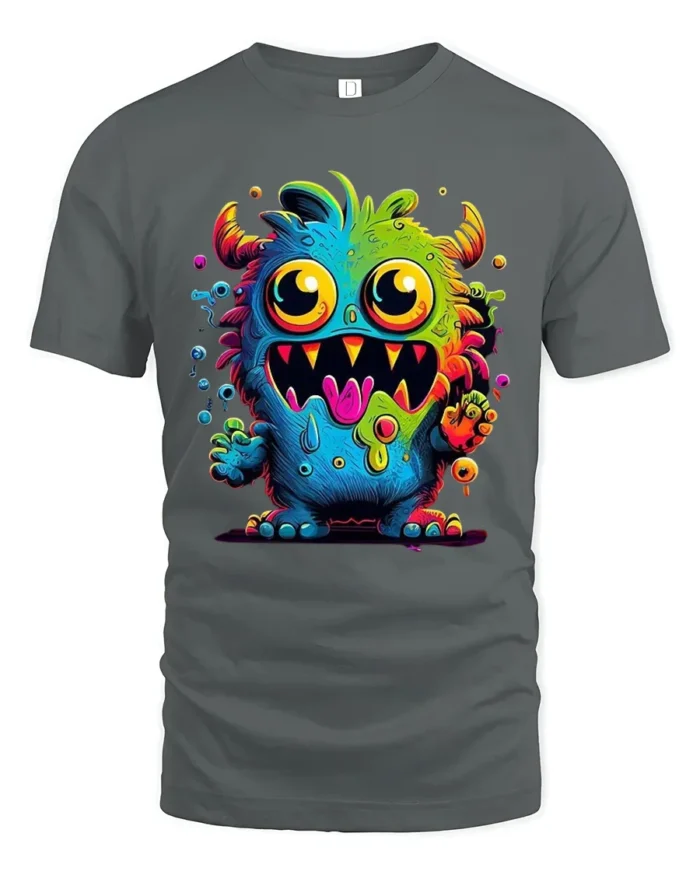 Cute Monster Face Tee Funny Colorful Alien Graphic T-Shirt - gray t-shirt on white background