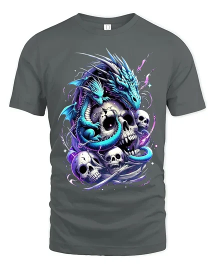 Epic Gothic Dragon T-Shirt Skulls Serpent Design Tee - gray t-shirt on white background