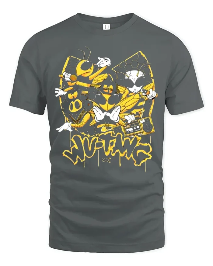 Wu-Twg Inspired T-Shirt Cool Bees and Boombox Graphic Tee - gray t-shirt on white background