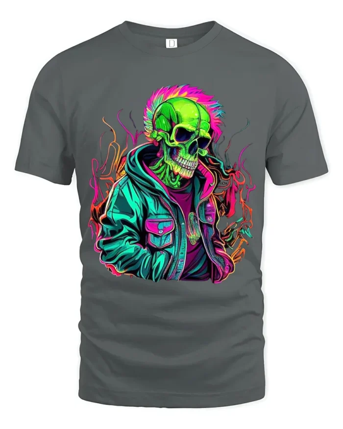 Psychedelic Skull in Jacket Tee  Bold Urban Style T-Shirt - gray t-shirt on white background