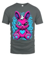 Edgy Pink Rabbit Tee with Heart and Graffiti Style Print - gray t-shirt on white background