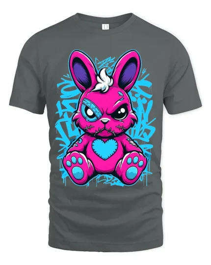 Edgy Pink Rabbit Tee with Heart and Graffiti Style Print - gray t-shirt on white background