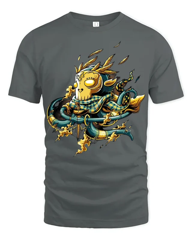 Bold Samurai Mask Tee with Fire and Katana Artwork Print - gray t-shirt on white background