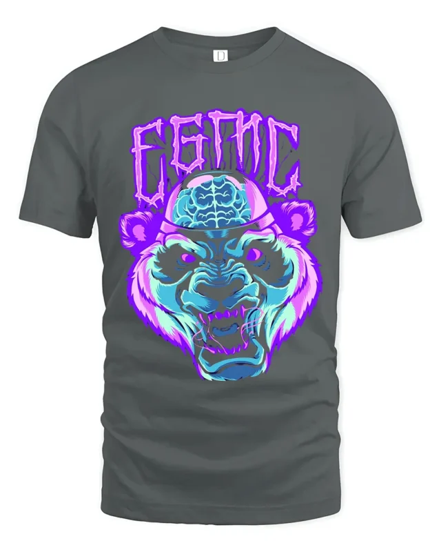 Neon Cyber Panda T-Shirt Glowing Brain Graphic Tee - gray t-shirt on white background