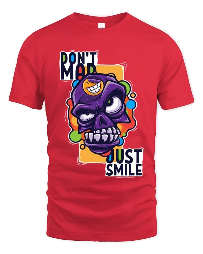 Colorful Angry Skull T-Shirt, Don’t Mad Just Smile Tee - red t-shirt on white background