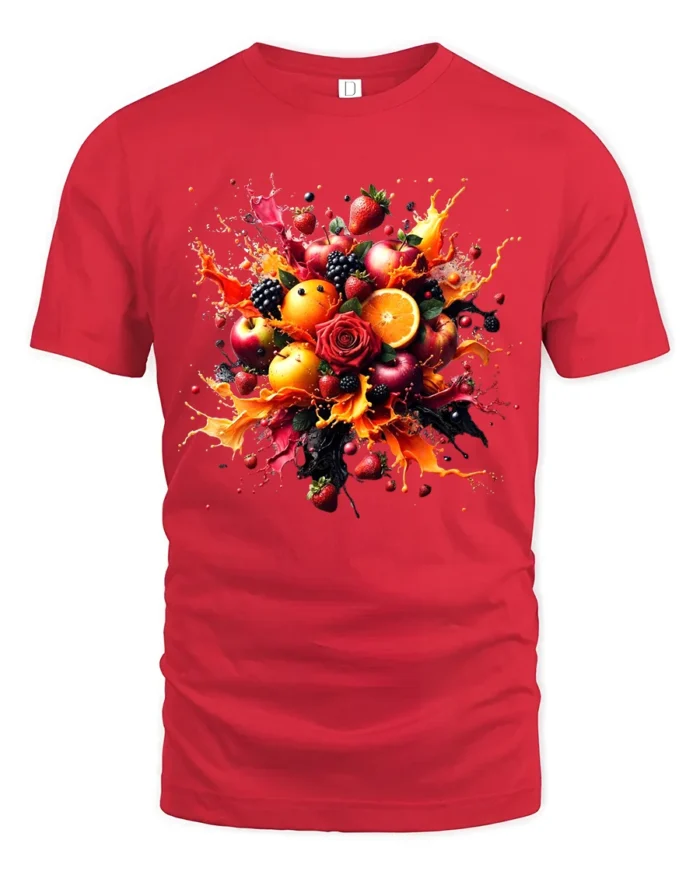Fruit Splash Tee Colorful Berry Citrus Explosion T-Shirt - red t-shirt on white background