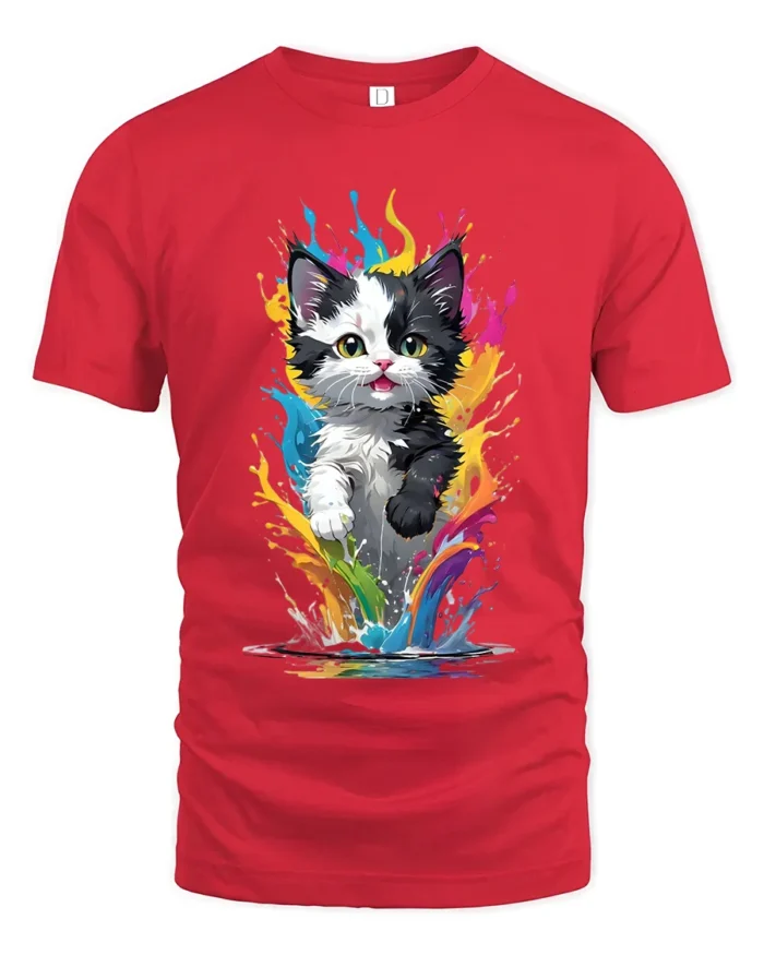 Rainbow Cat T-Shirt Vibrant Kitten Art Design Tee - red t-shirt on white background