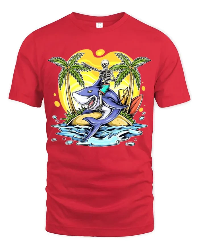 Tropical Skull Shark Tee Humorous Summer Vacation - red t-shirt on white background
