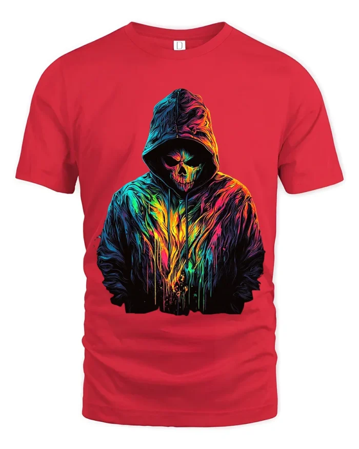 Neon Skull Hoodie T-Shirt Colorful Grim Reaper Tee - red t-shirt on white background