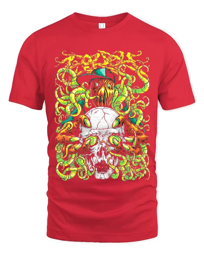 Prodigy Skull Tentacle Tee Music Band Graphic T-Shirt - red t-shirt on white background