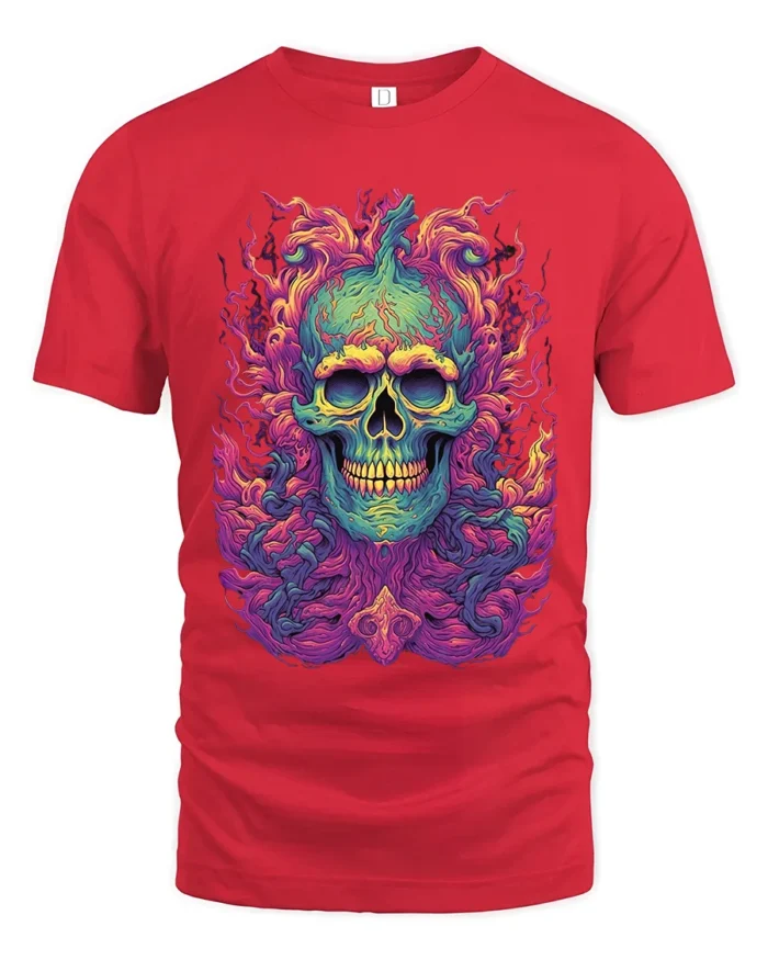 Electric Skull Tee Colorful Skull Face Graphic Tee Now - red t-shirt on white background