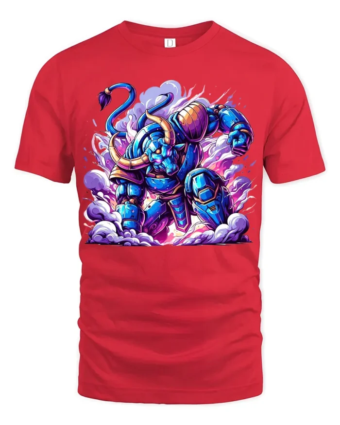 Epic Robotic Minotaur Tee Vibrant Sci-Fi Cotton Shirt - red t-shirt on white background