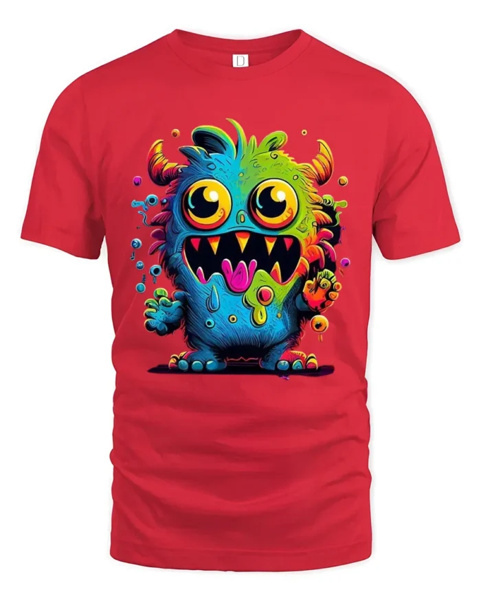 Cute Monster Face Tee Funny Colorful Alien Graphic T-Shirt - red t-shirt on white background