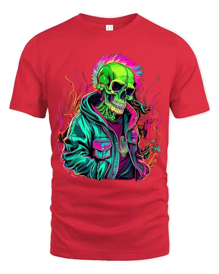 Psychedelic Skull in Jacket Tee  Bold Urban Style T-Shirt - red t-shirt on white background