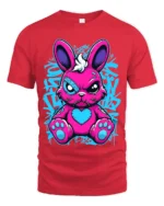 Edgy Pink Rabbit Tee with Heart and Graffiti Style Print - red t-shirt on white background