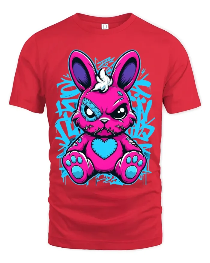 Edgy Pink Rabbit Tee with Heart and Graffiti Style Print - red t-shirt on white background