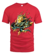 Bold Samurai Mask Tee with Fire and Katana Artwork Print - red t-shirt on white background
