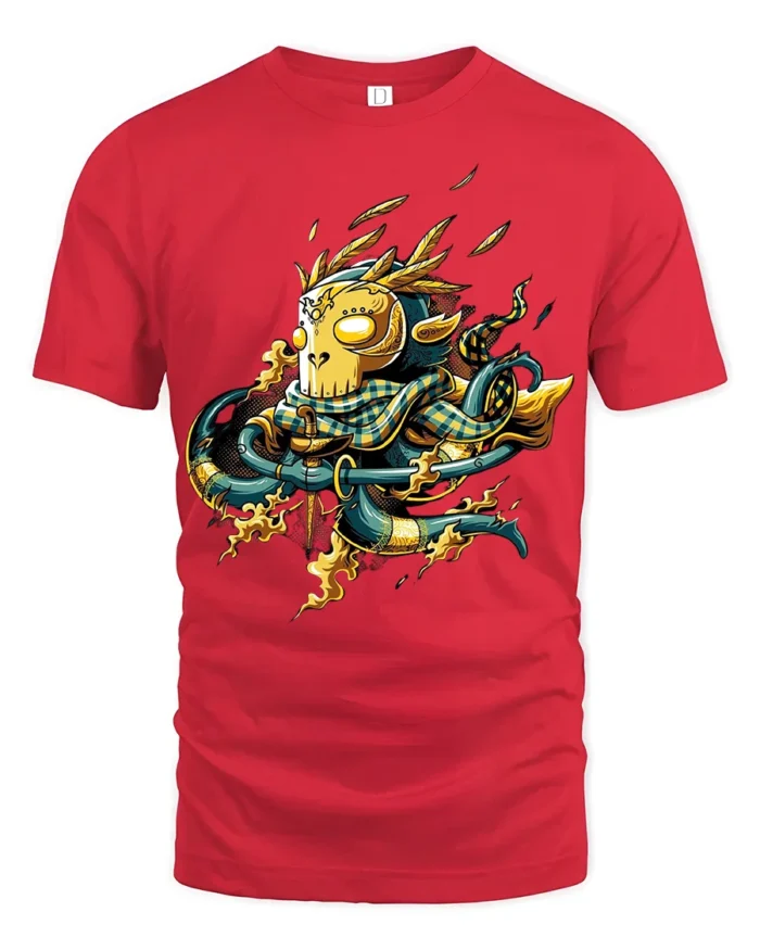 Bold Samurai Mask Tee with Fire and Katana Artwork Print - red t-shirt on white background