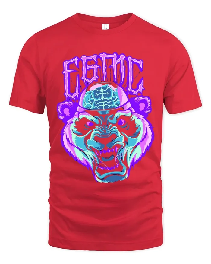 Neon Cyber Panda T-Shirt Glowing Brain Graphic Tee - red t-shirt on white background