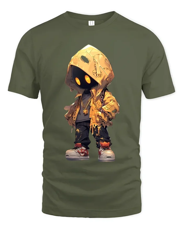 Mystery Hoodie Character Tee Street Style Black T-Shirt - military green t-shirt on white background