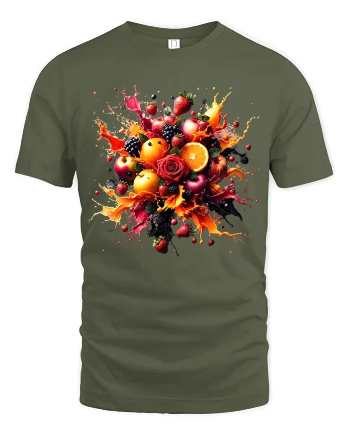 Fruit Splash Tee Colorful Berry Citrus Explosion T-Shirt - military green t-shirt on white background