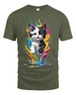 Rainbow Cat T-Shirt Vibrant Kitten Art Design Tee - military green t-shirt on white background