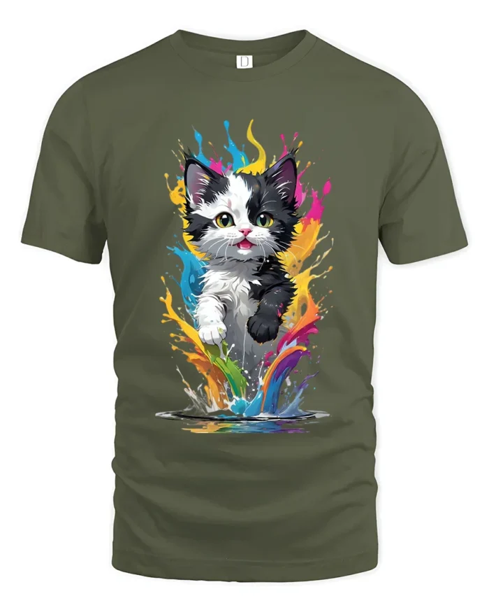 Rainbow Cat T-Shirt Vibrant Kitten Art Design Tee - military green t-shirt on white background