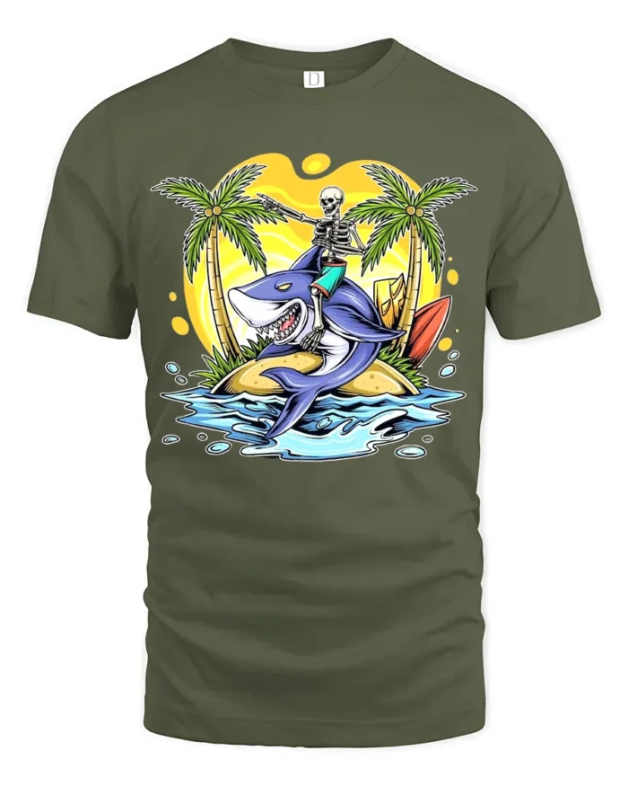 Tropical Skull Shark Tee Humorous Summer Vacation - military green t-shirt on white background