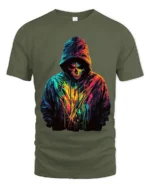 Neon Skull Hoodie T-Shirt Colorful Grim Reaper Tee - military green t-shirt on white background