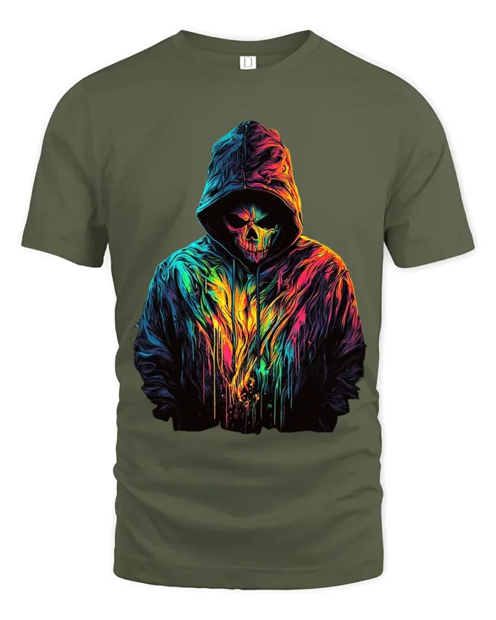 Neon Skull Hoodie T-Shirt Colorful Grim Reaper Tee - military green t-shirt on white background