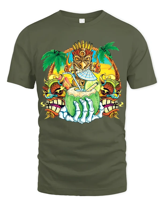 Island Vibes Coconut Tee Tropical Getaway T-Shirt - military green t-shirt on white background
